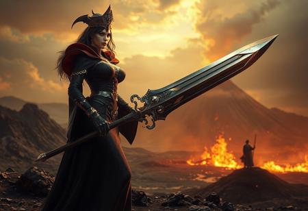 A full-body, voluptuous vampire lady, dressed as a cleric and holding a celestial sword with silver and gold trim, stands in an authoritative pose on a Dormant Volcano background. She is set against the backdrop of Gustavo Fring and Adeptus Astartes in an epic splashscreen character art with a war cry. The scene embodies academism style with vivid emotions, cinematic lighting, and intricate details. It is rendered in 8K resolution using Octane and Unreal Engine 5, showcasing stunning colors, harmonious composition, and a captivating focus on the character. The artwork is trending on ArtStation and CG Society, reflecting a powerful message and the golden ratio. The vampire is from the Catholicpunk universe, echoing Dune (2021) aesthetics and dynamic action. The detail-oriented artwork boasts impeccable editing, intentional focus, and a well-timed moment, making it a standout piece in the genre.