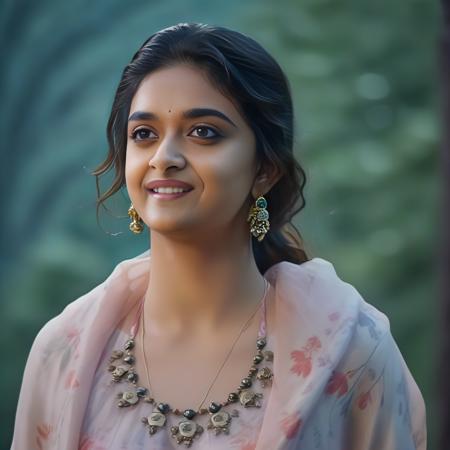 KeerthySuresh, photograph, Prehistoricore, elegant, Illuminated light-weight Female, Medieval hair, at Dusk, Bokeh, Illustration, soft lighting, film grain, dslr, telephoto lens, (art by Irving Penn:0.7) ,art by Gregory Crewdson,  <lora:KeerthySureshSDXL:1>