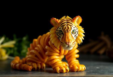 tigre formado por patatas fritas, colores vibrantes, aspecto tranquilo,  fondo oscuro, primer plano, iluminacion derecha, cuerpo de patatas, cortadas, rodajas, sentado mirando a la camara, fotografia cinematografica. Mas definicion de las patatas fritas mejorar el aspecto