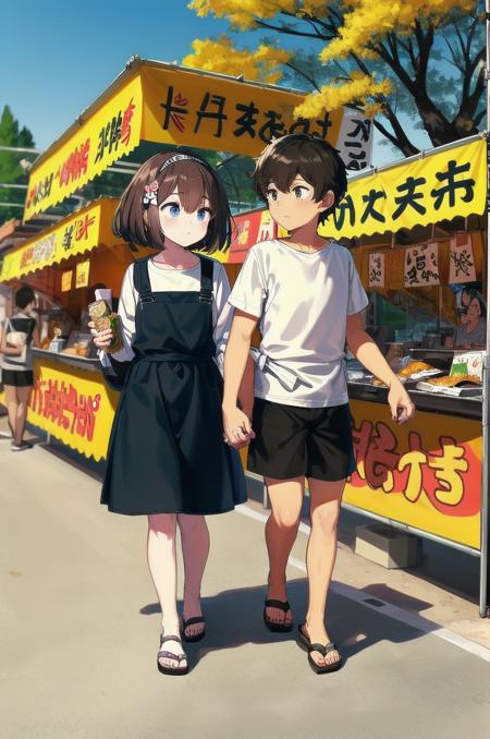 masterpiece, best quality, ultra-detailed, illustration,
omatsuri, food stand, multiple boys, food, shirt, outdoors, scenery, short hair, multiple girls, tree, holding, black hair, apron, day, sandals, 3boys, standing, headband, shorts, brown hair, walking, 
<lora:omatsuri_V4_1.0_OUTD_Resize_DIM8:1>