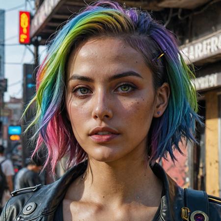 epic realistic, DV_Karah_Vicious, cyberpunk lanscape, ultra realistic, cinematic lighting, ultra detailed, detailed gorgeous face, beautiful girl, olive skin, medium length rainbow hair, simetric face, good anatomy, deusamelada, (Masterpiece:1. 3), (best quality:1. 3), <lora:add_detail:0. 4> <lora:epi_noiseoffset2:0. 4> <lora:hairdetailer:0. 6> <lora:more_details:0. 3> <lora:add-detail-xl:1. 2> <lora:DetailedEyes_V3:1. 2> <lora:sd_xl_offset_example-lora_1. 0:1. 2>, (natural skin texture, hyperrealism, soft light, muted colors), background, rutkowski, rim light