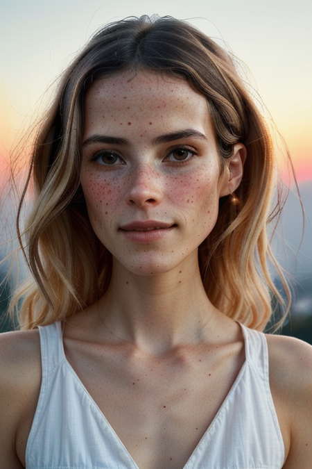 AlexNoiret, sunset, dusk, hills above Athens, pastel sky, looking at sky, head tilt, pose, floral sundress, in love, loose wavy hair, ((masterpiece, best quality, extremely detailed, perfect face, perfect body:1.2)), smile:1.2, closeup on upper body