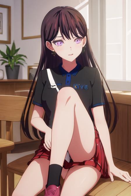 best quality, masterpiece, highres, solo, {shiina_taki_bangdreamitsmygo:1.15}, long_hair, black_hair, purple_eyes, mole_under_eye, mole, bangs, indoors, brown_hair