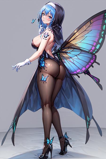 masterpiece, best quality,1girl,solo, high heels, from side,wings,large breasts, white gloves, pantyhose, butterfly wings,butterfly print, blue eyes,((blue hair)), nun,black footwear,((tattoo)), <lora:Cnoun-000012:0.6>,