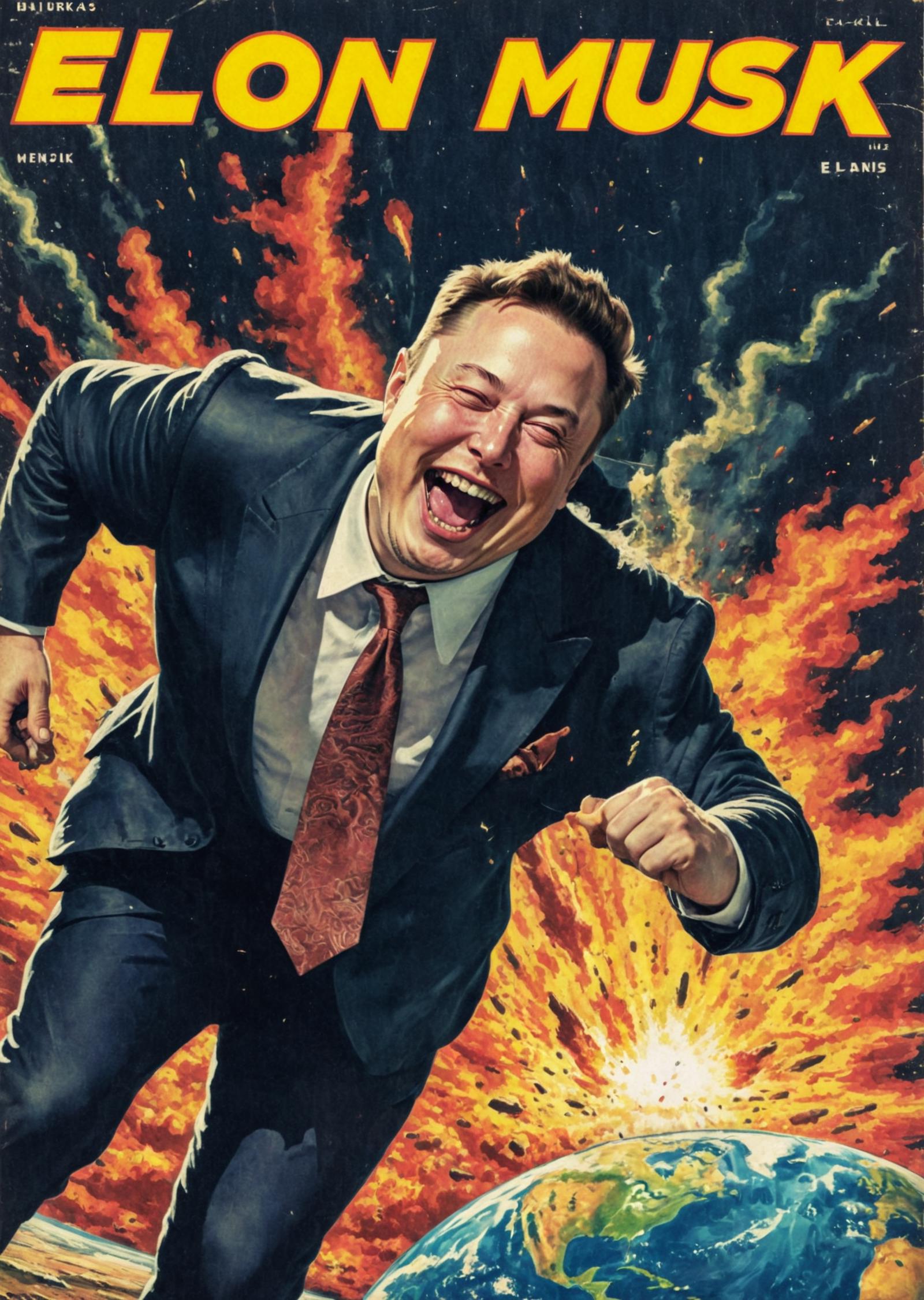 A man in a suit and tie laughing and running through a fiery explosion.
