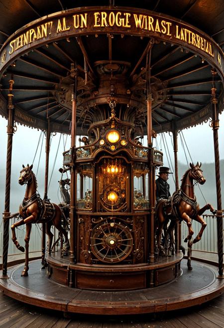 A forgotten steampunk amusement park hidden in a misty valley, overrun by sentient, rust-covered attractions. A lone explorer with a gear-cranked lantern wanders past a derelict Ferris wheel that still hums with eerie music, while mechanical clowns shuffle silently in the fog. Vines tangle with copper pipes, and glowing-eyed automaton animals roam the broken carousel. qu4ntum