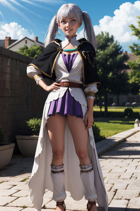 noelle silva, purple eyes, bangs, long hair, twintails, white hair, white dress, long sleeves, black capelet, belt sandals