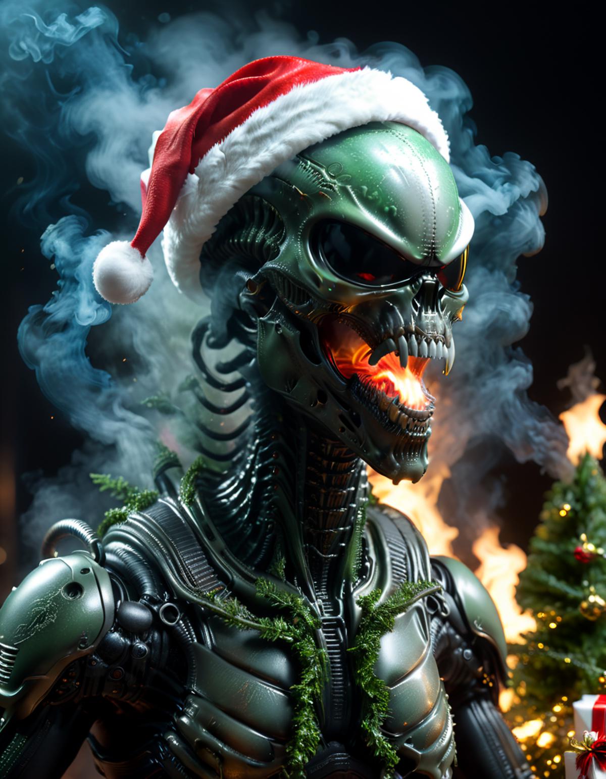 Alien with a Santa hat and green smoke in the background.