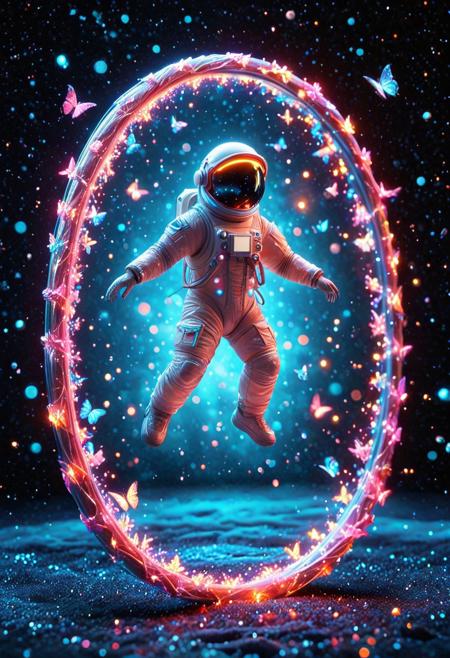 8k, Tilt shift photography style, glow of bioluminescent a lowpoly astronaut, mirror visor, Jumping gracefully, ( Unmanned:1.2), in glowing bioluminescent neon planet, butterflyStyle, nebula background,