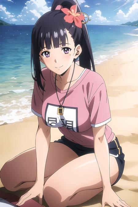 masterpiece, key visual, 1girl, smile, dark blue hair, blunt bangs, high ponytail, hair flower ornament, t-shirt, summer, beach, looking at viewer, purple eyes, ayame_yamagowa