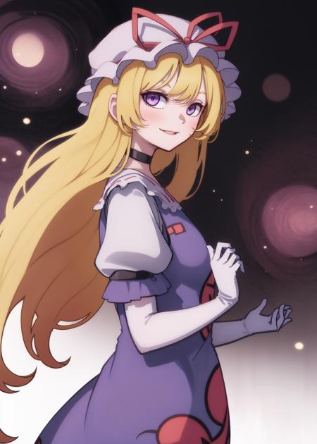 1girl, solo, yakumo yukari, long hair, looking at viewer, smile, bangs, blonde hair, simple background, gloves, hat, white background, dress, ribbon, purple eyes, short sleeves, choker, elbow gloves, puffy sleeves, white gloves, from side, red ribbon, puffy short sleeves, white headwear, mob cap, hat ribbon, purple dress, gap (touhou)
<lora:kame_rebake_old_v2-000020:unet=1:te=1>