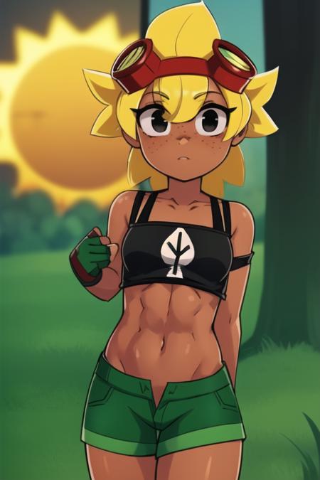 <lora:solar_flare_(plants_vs_zombies_heroes):1>, solar_flare_(plants_vs_zombies_heroes), masterpiece, best quality, 1girl, solo, goggles, blonde hair, goggles on head, breasts, shorts, freckles, dark skin, dark-skinned female, navel, gloves, green shorts, midriff, medium breasts, crop top, spiked hair, cowboy shot, clenched hands, black eyes, shirt, looking at viewer, abs, fingerless gloves, green gloves, tank top, bare shoulders, long hair, off shoulder, black shirt outdoors,