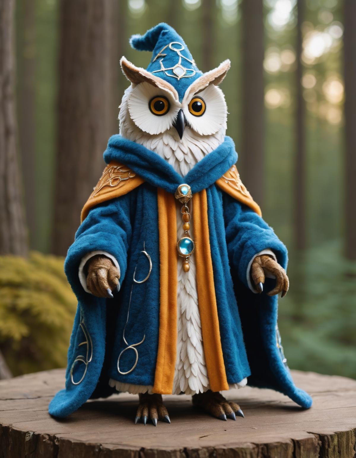 A small owl figurine wearing a blue robe and yellow trimmed hat.