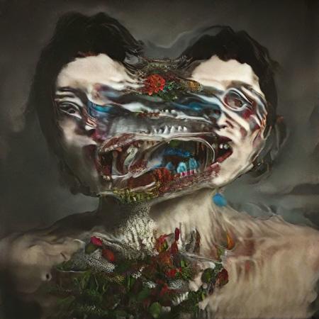 An award winning 3d stereoscopic color portrait photograph, a gorgeous femme fatale, giant overgrown dirty grotesque horse teeth growing into teeth and more teeth, a gorgeous floral arrangement made of crystals and glass