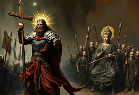 Jesus Christ, cladded in heavy armor, wielding a cross polearm, leading the armies of God to the eternal crusades
On the opposite side is Buddha, leading an army of monks 
Dark, oppressive, gothic style, realistic painting
