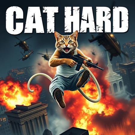 Create a movie poster image titled 'Cat Hard' white letters with fire, featuring John McClane from die hard. reimagined with a cat body with dirty white tank top, dirty grey pants, scared face, screaming Yippee Ki‐Yay, holding a machine gun, no human hands, holding a white firehose, jumping off a buiding, big  explosion behind, a big building background, night, city lights, helicopter with cat with guns background, parts of the building emerging from the explosion,