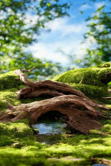 <lora:moss_v2-000001:0.6>,moss\(style\),(blue sky),clouble,sunlight,no humans,scenery,water,stone,tree-root carving,inverted image,day,moss,