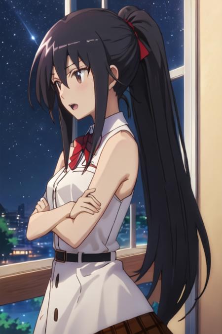 best quality, masterpiece, highres, solo, {amakusa_shino_seitokaiyakuindomo:1.15}, long_hair, black_hair, brown_eyes, bow, 1girl, night, open_mouth, ponytail, sky, star_\(sky\), starry_sky, bare_shoulders, night_sky