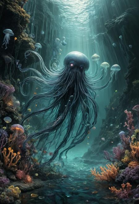 dark fantasy Glass-calm Sargasso Sea with jellyfish blooms like floating chandeliers,Fogbow dawn: White rainbow materializing in freezing mist,
random rider in landcscape,
<lora:ral-dark-fantasy-il:0.8>,dark fantasy,
<lora:extremely_detailed:4> extremely detailed,
<lora:add-detail-xl:1.1>,
detailxl