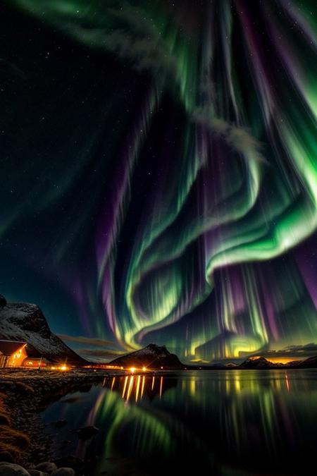 Stunning Aurora Borealis over Lofoten Islands coastline, vibrant colors, dramatic sky, high detail, landscape photography, breathtaking scenery, cinematic lighting, hyper-realistic, 8k resolution, beautiful reflection on water, nature photography, by Ansel Adams and Art Wolfe