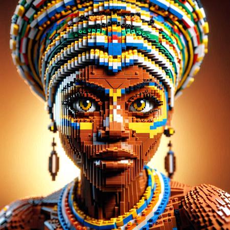 LEGO EXPERT SET, Voxel sculpture of a beautiful African woman looking at the viewer, the woman is made of LEGO bricks, detailed and epic 3D rendering, 4k, high definition, volumetric textures, micro-blocks