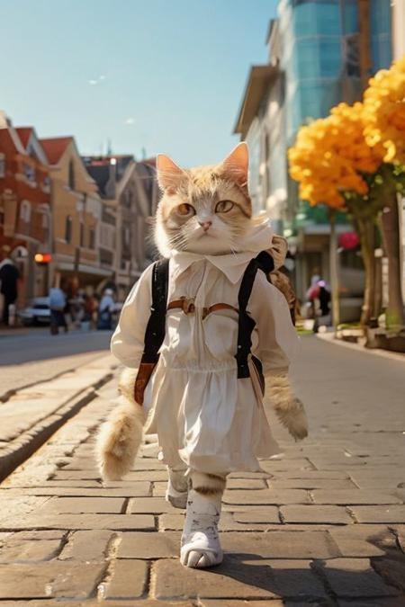 a woman's head, on a cat's body, running down a street, with a plane on her back