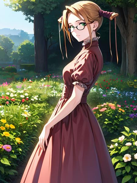 (exceptional, best aesthetic, new, newest, best quality, masterpiece, extremely detailed), 1girl, solo, twintails, glasses, looking_at_viewer, from_side, pink_dress, garden, green_eyes