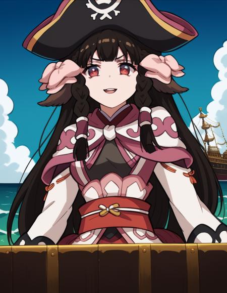 rurutie, long hair, bangs, black hair, animal ears, sidelocks, hair tubes, red eyes, bow, hair bow, braid, twin braids, medium breasts, long sleeves, tail, ainu clothes, capelet, wide sleeves,