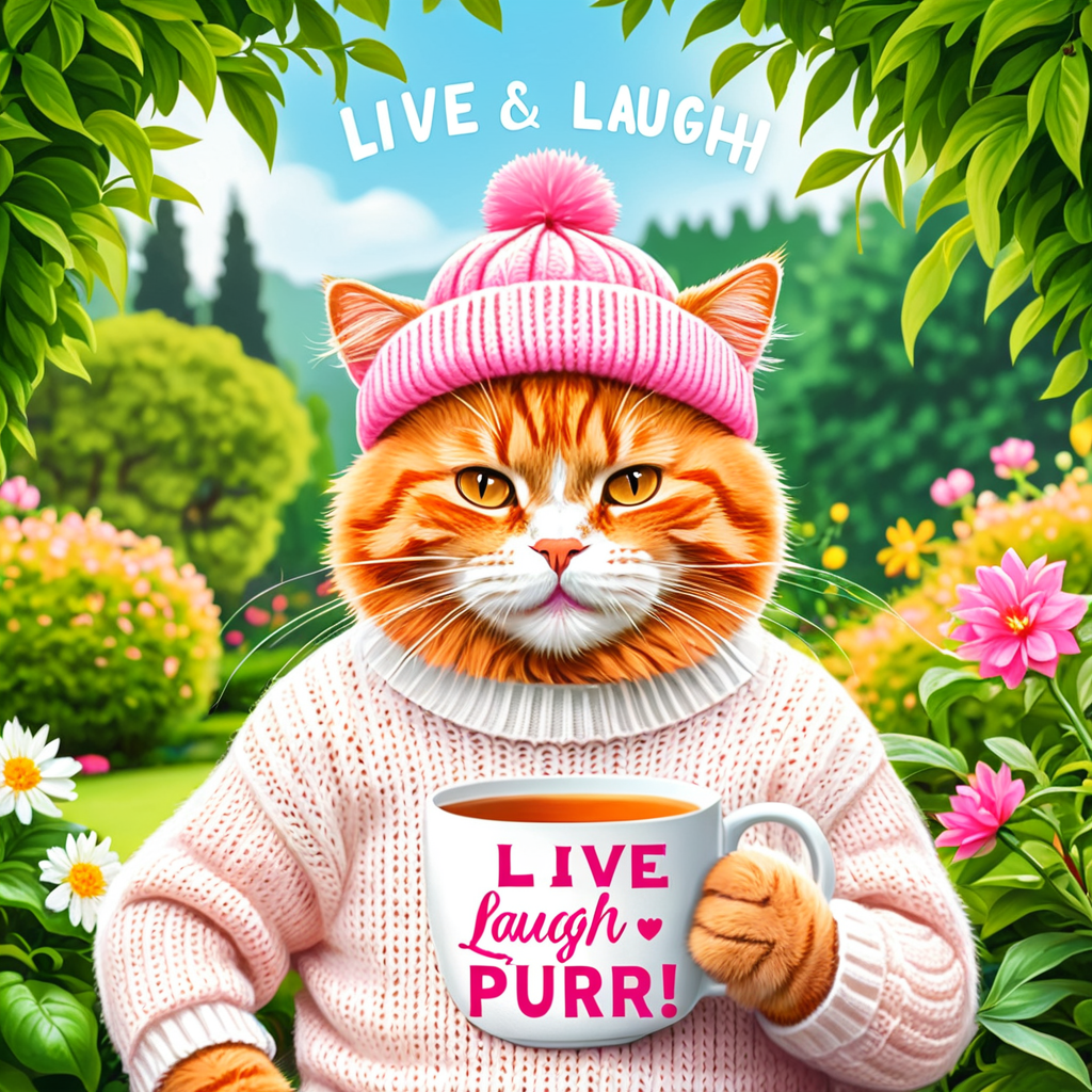 393_1_1_00038-Angry_1.1_orange_Cat_wearing_a_pink_hat_1.2_and_White_sweater_1.3_holding_a_cup_of_tea_with_text__Live_Laugh_Purr__1.1.png.ce26af89-13ea-4ec8-bdb0-4c285b440f4d.png