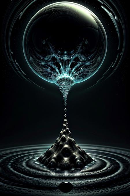 A close-up photorealistic image of a crystal-like floating skull facing dynamic view with its mouth open, pouring from it's mouth a shimmering liquid resembling the universe onto the ground, filled with rich stars and swirling galaxies. A simple void background enhances the dark atmosphere, shrouded in fog, capturing the hypnotic flow and shimmer of the cosmic liquid, side view,