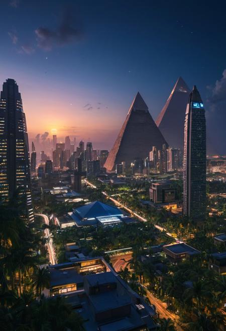 A futuristic, cyberpunk cityscape set in a tropical environment during the summer solstice. The scene features sleek, neon-lit skyscrapers and advanced architecture, but instead of the typical urban jungle, it is surrounded by lush, vibrant tropical vegetation and palm trees. The sky is a deep blue with a few fluffy white clouds, and the sun is high, casting a warm glow. The atmosphere is a blend of futuristic and tropical, with exotic flowers and greenery intertwined with metallic and glass structures. The lighting is bright and vivid, capturing the essence of a tropical solstice in a cyberpunk world. High-resolution, detailed textures, and a dynamic interplay of light and shadow
BREAK
(
night cityscape, skyscrapers, huge docked spaceship in the horizon,Egyptian pyramids tall  as the sky, multi layered highways that circle the  city center ,  illuminated buildings, neon lights, urban skyline, futuristic, cyberpunk aesthetic, sunrise, atmospheric haze, street lamps, architectural lighting, high-rise towers, city glow, modern metropolis, dynamic composition, wide shot:1.8)