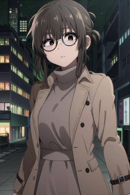 ankouguisu, <lora:anko uguisu s1-lora-nochekaiser:1>,
anko uguisu, short hair, brown hair, glasses, (black eyes:1.5),
BREAK dress, black dress, coat, turtleneck,
BREAK outdoors, city, night sky, night, moon, star \(sky\),
BREAK looking at viewer,
BREAK <lyco:GoodHands-beta2:1>, (masterpiece:1.2), best quality, high resolution, unity 8k wallpaper, (illustration:0.8), (beautiful detailed eyes:1.6), extremely detailed face, perfect lighting, extremely detailed CG, (perfect hands, perfect anatomy),