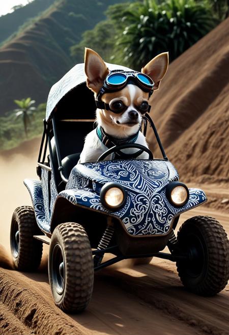 (Made of Indonesian Batik:1.3), from side, closeup cute small 4WD buggy Made of Indonesian Batik, chihuahua driving, (wear round goggles:1.2), wear animal ears helmet, run through on mountain dirt road, Dust, (surround by multiple buggys:1.2), cinematic, cinematic lighting, (masterpiece, best quality:1.4), ultra-high res, 4k, Photorealistic, insanely detailed, sfw,