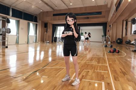 best quality, ultra-detailed, illustration,
taiikukan, stage, scenery, indoors, reflective floor, 
, 1girl, glasses, black hair, long hair, smile, looking at viewer, standing, gym uniform, gym shorts, sneakers, 
 <lora:taiikukan_SD15_V5_DIM4:1>