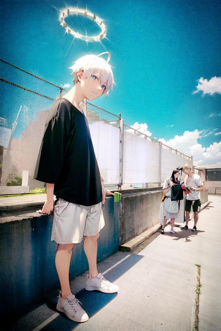 wings, backpack, fence, sky, chain-link fence, halo, short hair, shirt, bag, feathered wings, black hair, handheld game console, outdoors, angel, blue sky, white hair, holding, angel wings, short sleeves, day, cloud, white shirt, white wings, 2boys, male focus, white dress, shorts, pants, white footwear, dress, playstation portable, standing, closed mouth, from below, multiple boys, print shirt, black bag, 1boy, flying, rooftop, blue eyes, holding handheld game console, t-shirt<lora:ruinx:1.2>