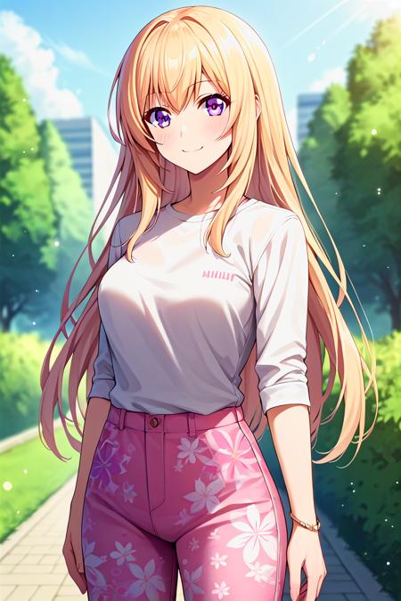 ichinose honami, blonde hair, long hair, purple eyes, school uniform, red jacket, blue bow, white skirt, pleated skirt