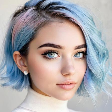 She is a super cute 20-year-old girl with a shy smile. Her hair is pastel blue with darker roots, styled into a short bob that tucks neatly behind her ears. The bob has a slight inward curl at the ends, giving her a soft and playful look. Her skin is fair, with a smooth and youthful complexion that has an even texture, free from blemishes. Her face is oval-shaped, with a delicate, thin jawline that enhances her overall cuteness. Her eyes are dark brown, large, and almond-shaped, framed by thick black eyelashes that are curled upward, adding a hint of shyness and openness to her gaze. Her eyebrows are well-defined and moderately thick, arching gracefully above her eyes in a darker tone that contrasts beautifully with her pastel blue hair. Her petite nose with a rounded tip fits harmoniously with the rest of her facial features, while her full lips, with a pronounced Cupid’s bow, form a gentle smile in a natural peach-pink hue. The lips have a soft matte finish, complementing her subtle makeup. She wears light eyeliner to enhance her eyes, a touch of mascara to emphasize her lashes, and a soft blush on her cheeks for a healthy glow. Her expression is friendly and approachable, with a soft, direct gaze that radiates warmth. Small, simple stud earrings add an understated elegance, allowing her natural beauty to shine through in this playful and tender moment with her beloved pet.
Hide
