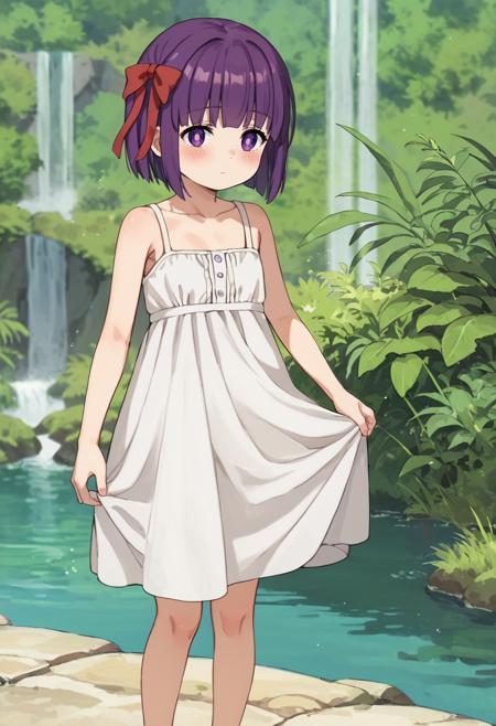 fern-small, fern \(sousou no frieren \),purple eyes,purple hair,short hair,hair ribbon,red ribbon,black robe,hooded robe,black footwear fern-small, fern \(sousou no frieren \),purple eyes,purple hair,long hair,white dress,sundress,bare shoulders