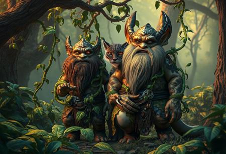High definition, lifelike detail, adhering to the golden ratio, portray a pair of Infernity Dwarves standing next to each other, set against a jungle backdrop. Utilize cell shaded adult animation style, with liana vines wrapping around two fantasy creatures, one of which is inspired by a puma. Implement triadic color grading in a woodland glade setting, featuring three animals in a CGI render. Showcase on ArtStation, aiming for a trending position, enhanced by Unreal Engine 5, 8K resolution, and techniques from artists like artgerm, Greg Rutkowski, and Alphonse Mucha.