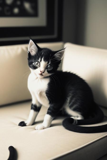(archival preset) in a cosy room on a cosy white/beige sofa, a cute fluffy black kitten hybrid with 8 fluffy octopuss legs, happy cute, Shot on Eastmann 100t film, the image quality is grainy and high contrast, with shallow depth of field and cinematic look, epic and dramatic shot, very nostalgic.