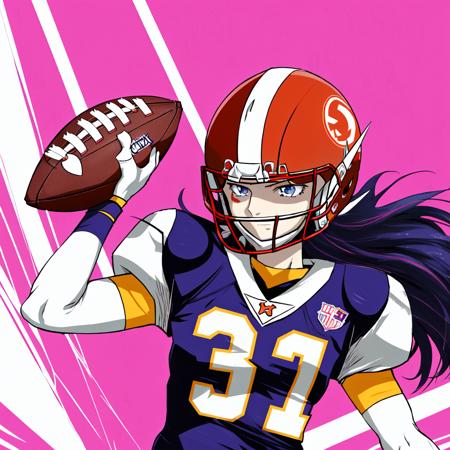 anime magical girl playing American football wearing full football uniform, magical aura, sailor school uniform, correct digits, long flowing hair, eyeblack, football helmet, kinetic action, cartoonish, anime style, hand drawn, cute, beautiful, perfect face, perfect hands, football object, feminine, womanly, ladylike,