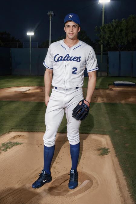 (baseball field), grass foreground, (standing), muscular DarinSilvers, slight smile, baseballplayer, ((baseball uniform)), (gray baseball pants), wearing blue (baseball jersey), wearing blue baseball cap, blue socks, black sneakers, (wearing glove), masterpiece, (((full body portrait))), ((full body)), wide angle, (looking at viewer), highly detailed, (high skin detail), (high face detail), photorealistic, RAW photo, soft lighting, high quality, (((both feet on ground))) <lora:Clothing - Sexy Baseball Player:0.75> <lora:DarinSilvers-step00001800:0.75>