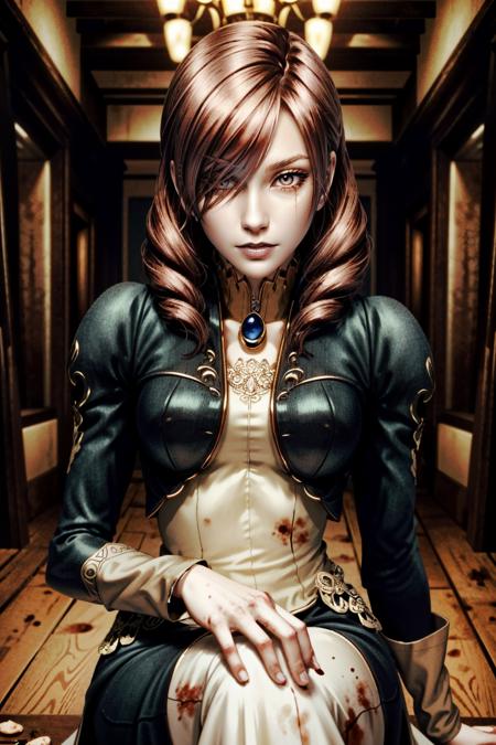 (masterpiece, highres)  <lora:add_detail:0.5>,  <lora:epi_noiseoffset2:1>,  <lora:HauntingGroundDaniella:0.9>
HauntingGroundDaniella, 1girl, solo, long hair, brown hair, red eyes, dress, brown eyes, sitting, red hair, hair over one eye, blood, makeup, drill hair, lipstick