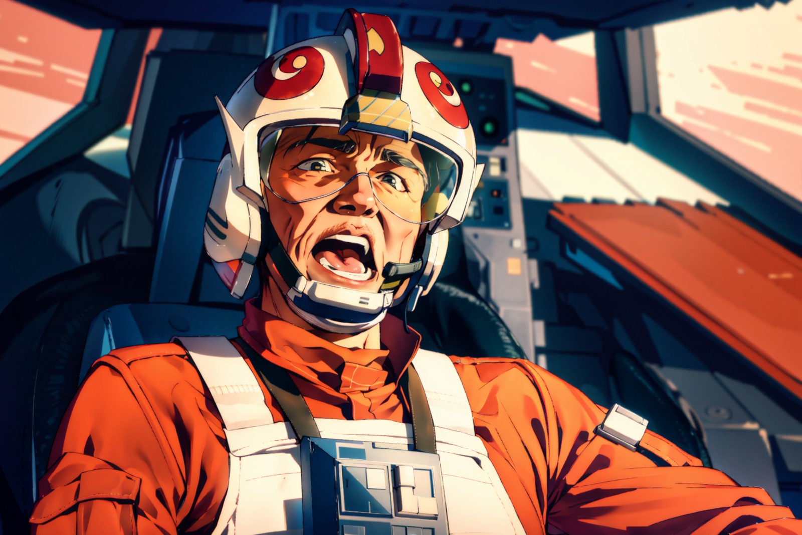 cockpit view,older man in rebel pilot suit,screaming,helmet,googles<lora:RPSV3:0.8>