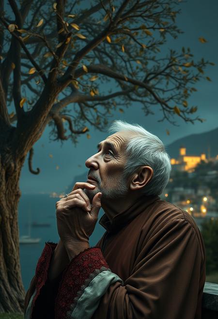 (photorealism:1.5)
1 oldman, full body, thoughtful expression, gazing at the majestic tree, falling leaves,  calm coastal village in the background, night time, pale colors, high contrast, hyper-realistic, serene atmosphere, pensive pose, detailed, high-definition, reflective mood, peaceful setting,
slight freckles, long eyelashes, thick eyebrows, torn pelvic sheer curtain, bridal gauntlets, torn red dress,