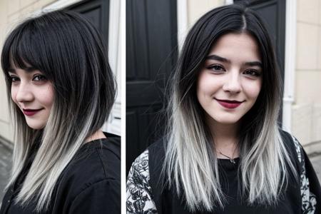 Teen brunnete nordic goth girl | tattoo | smile | dark | in dark room | Adult | On street | High quality | gothic makeup | realistic | informal | cute girl | bob cut hair