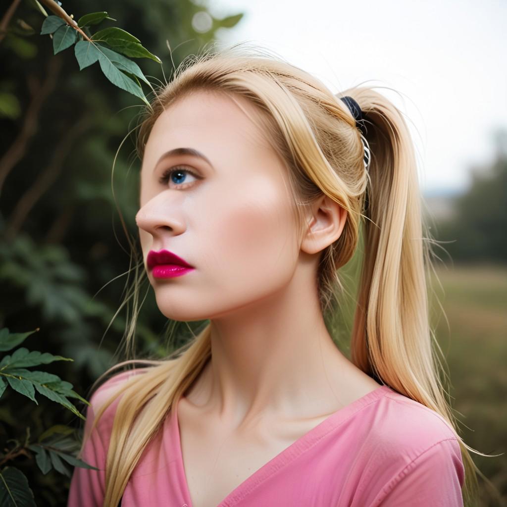 score_9_up, score_8_up, BREAK, Aquiline Nose, pointy nose, big nose, 1girl, solo, blonde hair pulled back in a ponytail, long hair, long hair, blue eyes, lipstick, pink shirt, black skirt, depth of field,  <lora:AquilineNose_PXL_Leaf1:1>, outdoors,  realistic,  depth of field,  looking to the side,