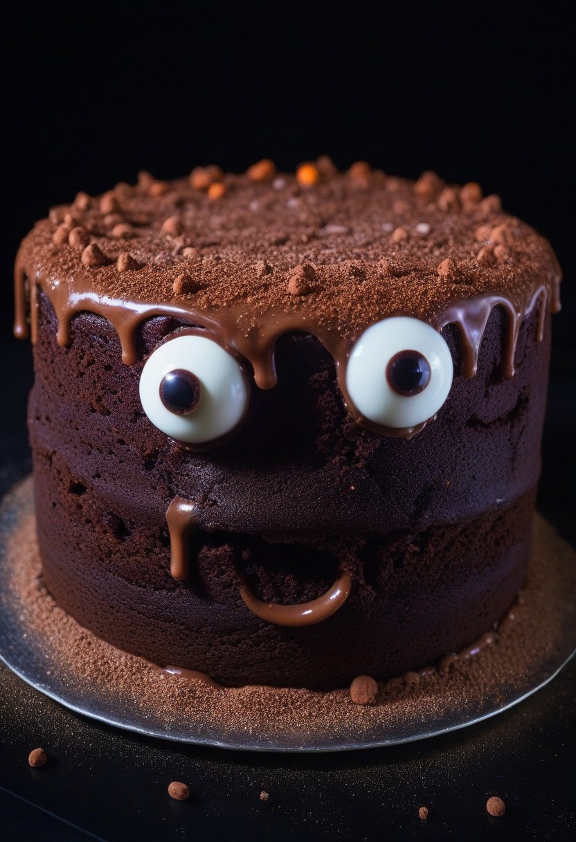 Chocolate cake, lots of chocolate goo, googly eyes, in space. Close up, blurry background.
zavy-flrscnc, fluorescent, fluorescent dust, fluorescent spraypaint, glowing dust