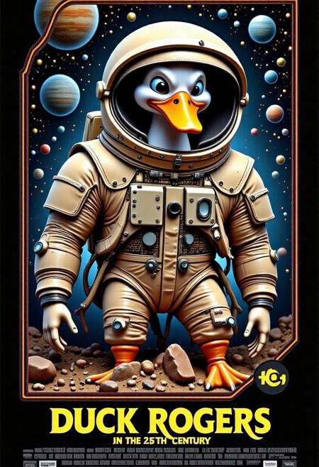 a realistic picture,((((Display the text "DUCK ROGERS, in the 25th century" on top a movie poster))))
a duck in an astronaut suit,  , 4k, masterpiece, side view, dynamic action pose, hyper detailed image, 8k, ultra high detail, mvpstrCE style, Jeddtlv3,
TzigoCBS planets in the background,
