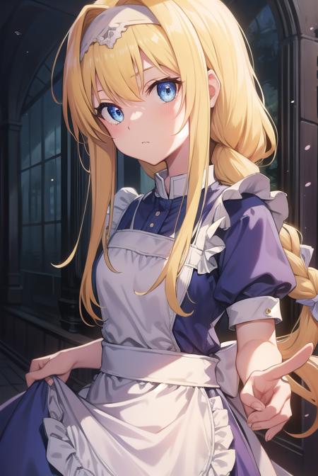 alicezuberg, <lora:alicezubergtest:1>, alice zuberg, bangs, blue eyes, blonde hair, hair between eyes, very long hair, braid, hairband, white hairband,,
BREAK dress, bow, ribbon, short sleeves, frills, apron, puffy short sleeves, blue dress, brown footwear, knee boots, white bow, white apron, frilled apron,
BREAK outside, forest,
BREAK looking at viewer, BREAK <lora:GoodHands-vanilla:1>, (masterpiece:1.2), best quality, high resolution, unity 8k wallpaper, (illustration:0.8), (beautiful detailed eyes:1.6), extremely detailed face, perfect lighting, extremely detailed CG, (perfect hands, perfect anatomy),